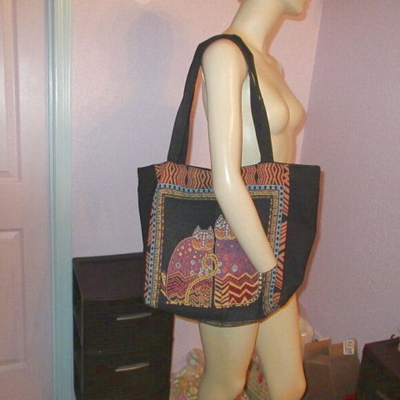 Mythical KITTY CATS Woven Tapestry TOTE Shoulder Bag LIGHTWEIGHT Embroidered XL - Picture 2 of 11